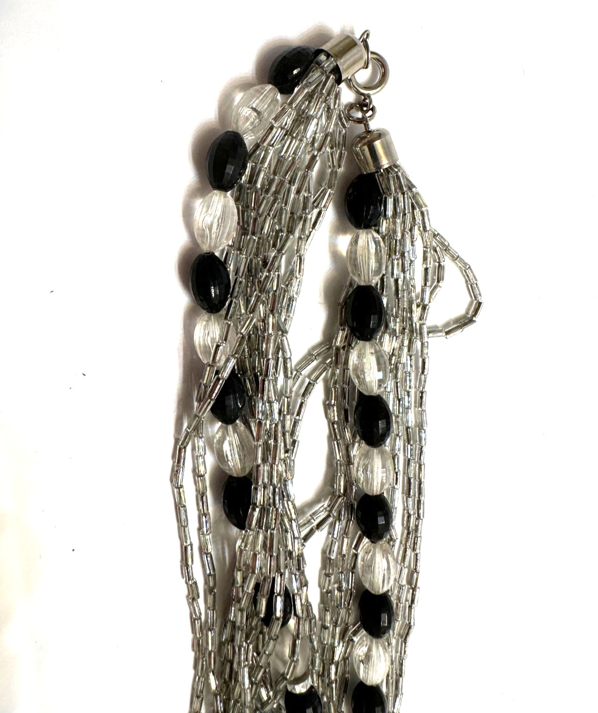 Vintage Black & Clear Beaded Necklace Multi Strand Silver Tone Seed Bugle Beads