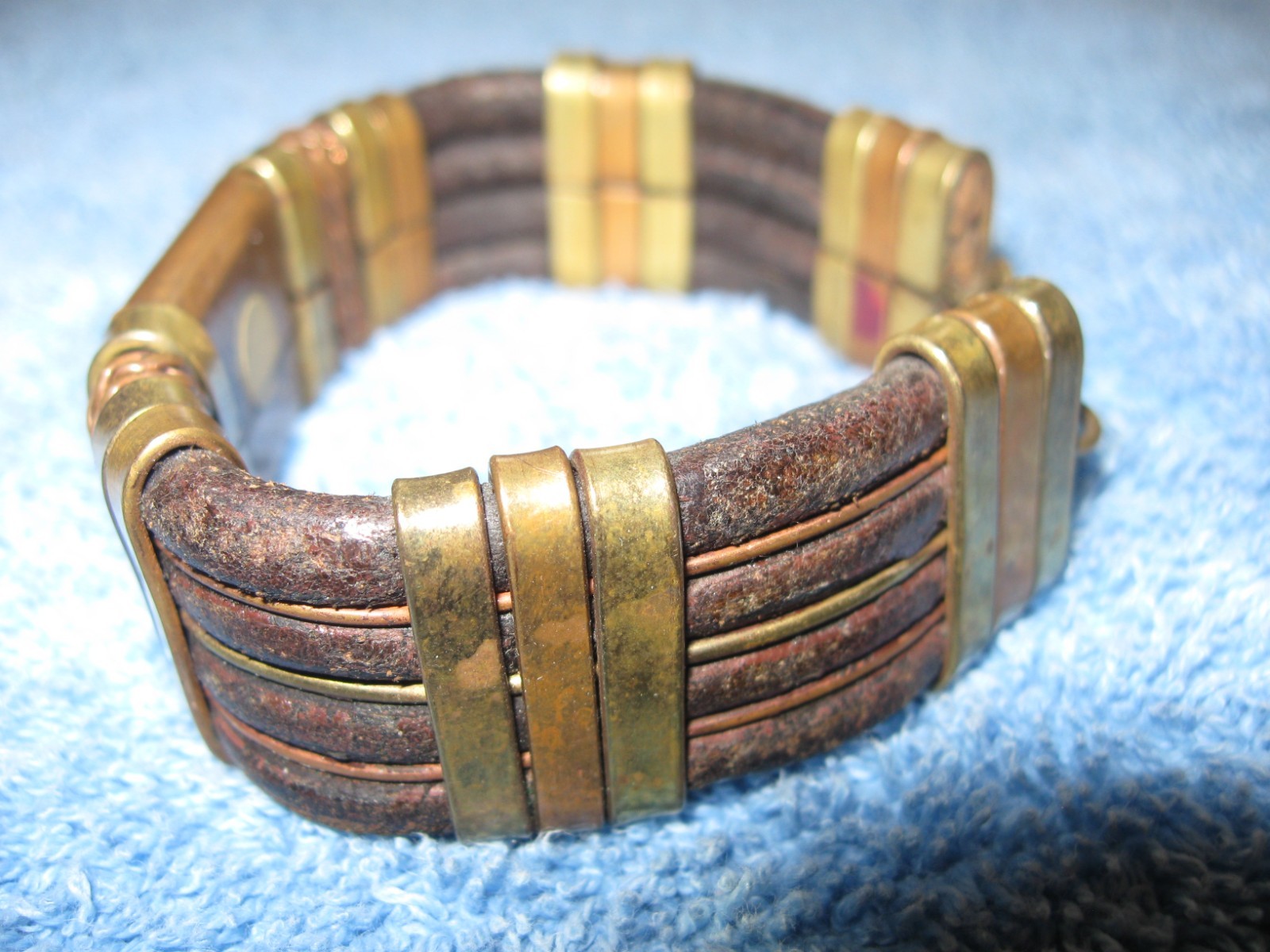 Leather & Brass Bracelet w/Hook Clasp, 3/4″ wide x 3″ Diameter Artisan Made