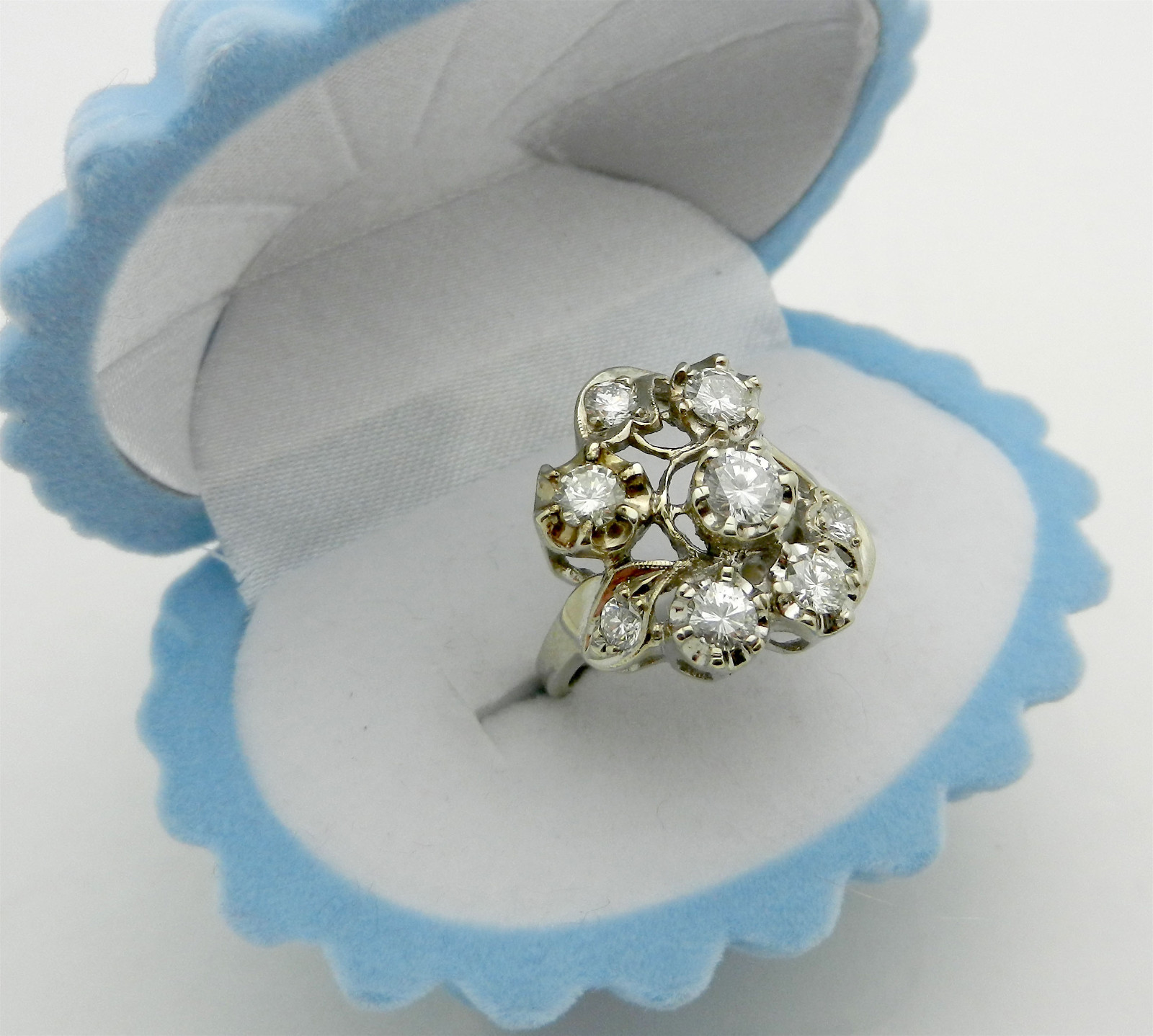 Vintage Art Deco 14k White Gold Cluster Natural Diamonds 1.25 ct Cocktail Ring