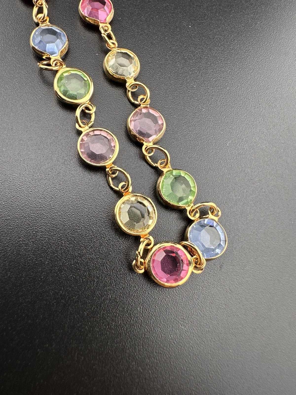 Rafaelian Vintage Long Necklace Open Bezel Austrian Crystal USA Multi-Color 30”