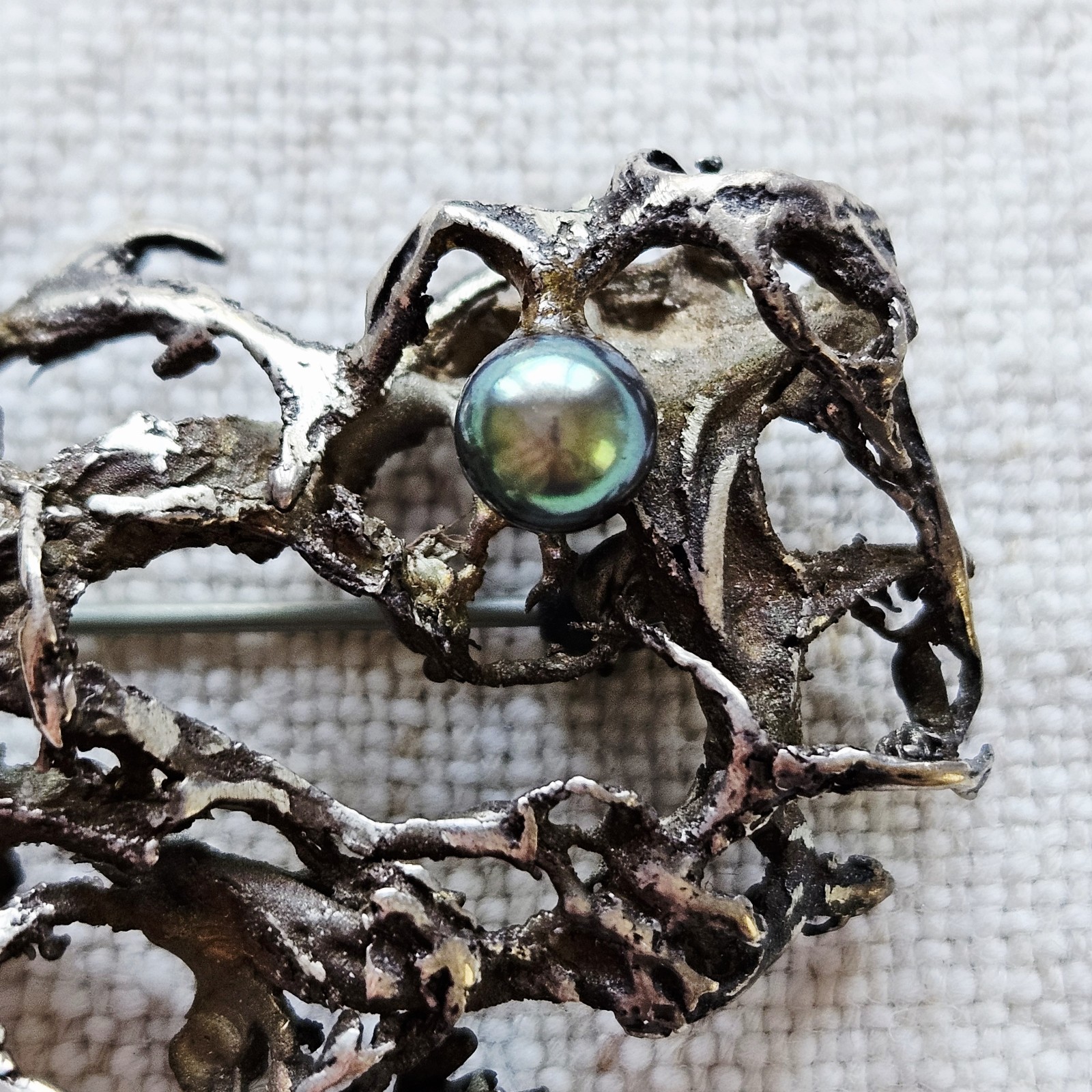 Vintage Modernist Mid-Century Brutalist Silver Brooch Pin Green Pearl