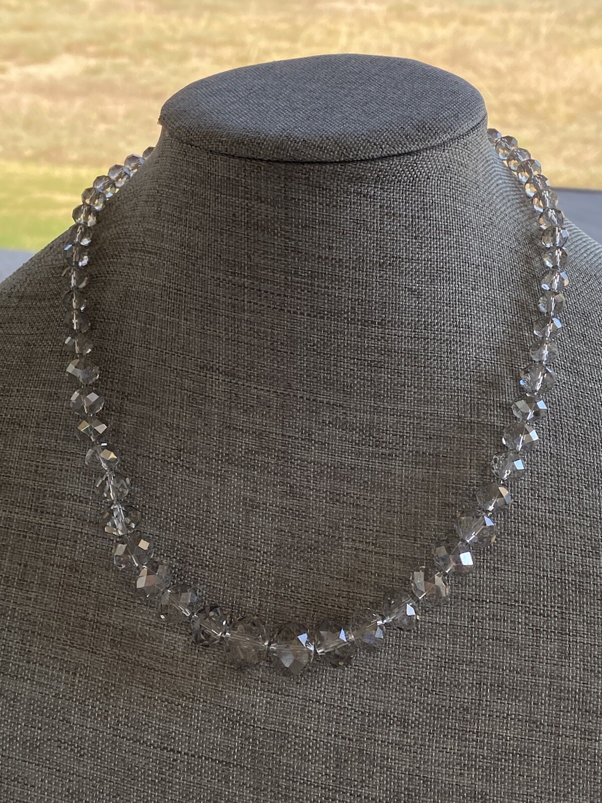 Necklace Faceted Crystal Glass Beads Clear Black Thread Knotted Artisan 21”