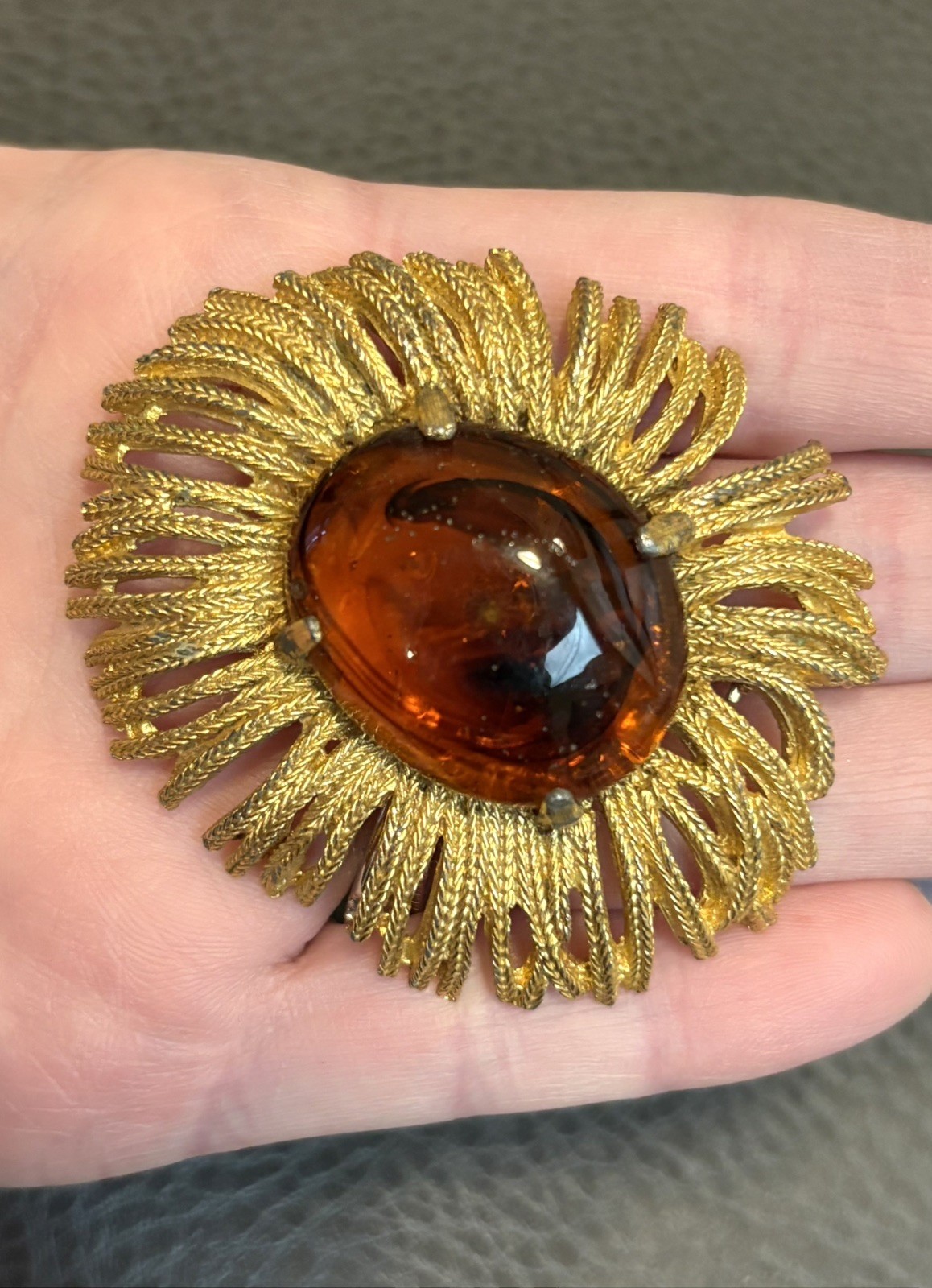 Vintage HUGE Modernist Brutalist Brooch Faux Amber Cabochon Rhinestone Gold Tone
