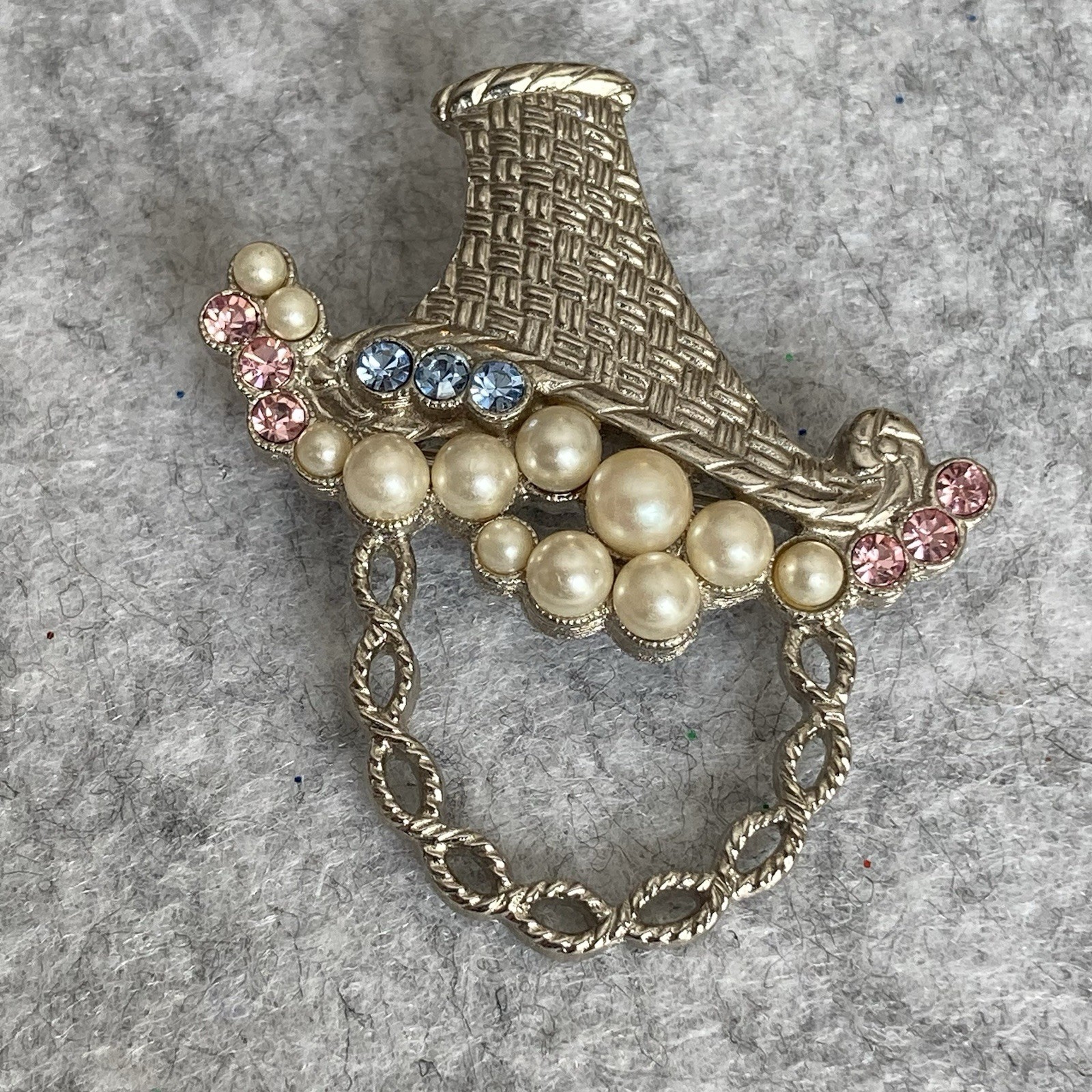 VTG Flower Basket & Wheelbarrow Brooch Lot of 2 Faux Pearls Enamel 1928 Brand
