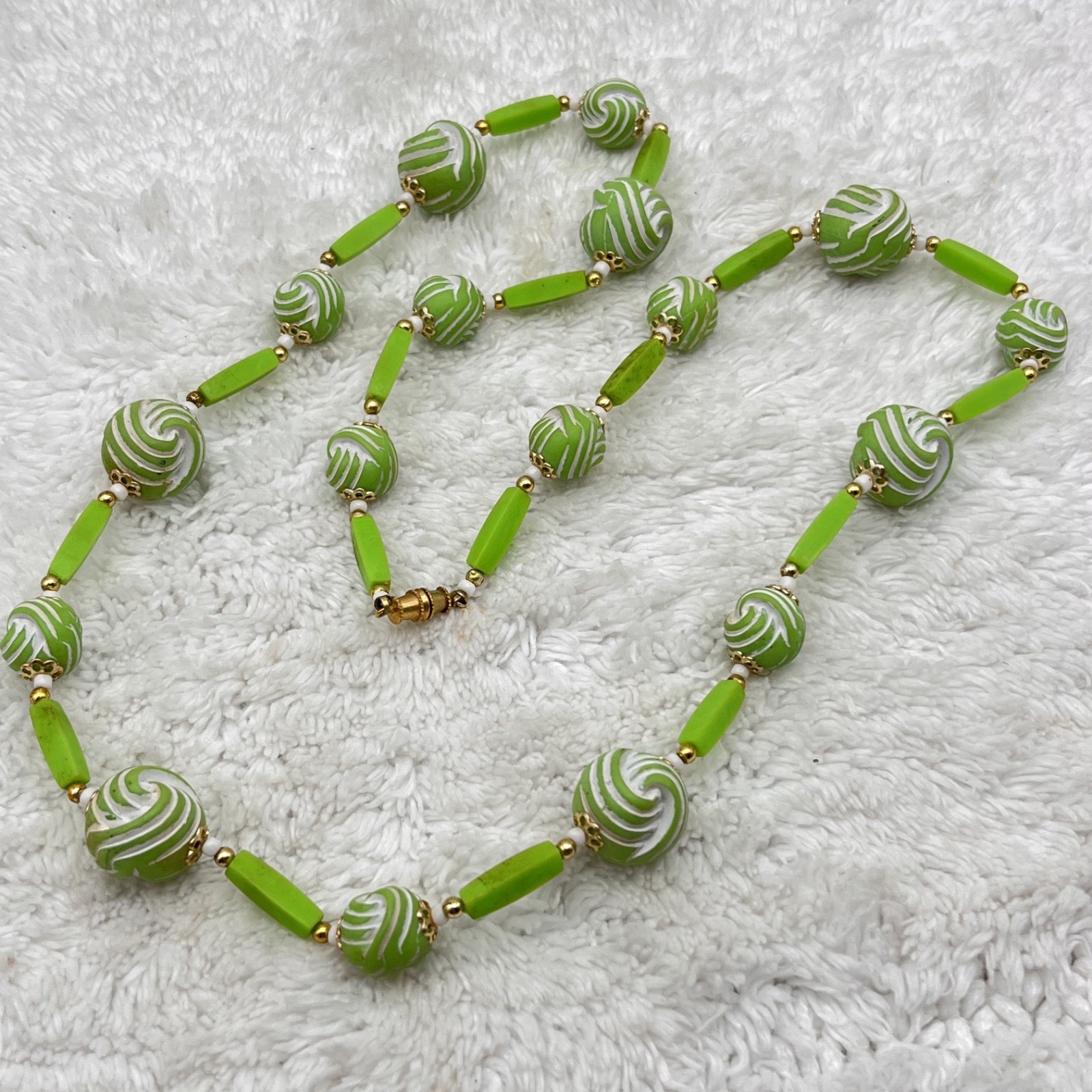 Vintage Green Plastic Necklace Carved Lime Green Beads