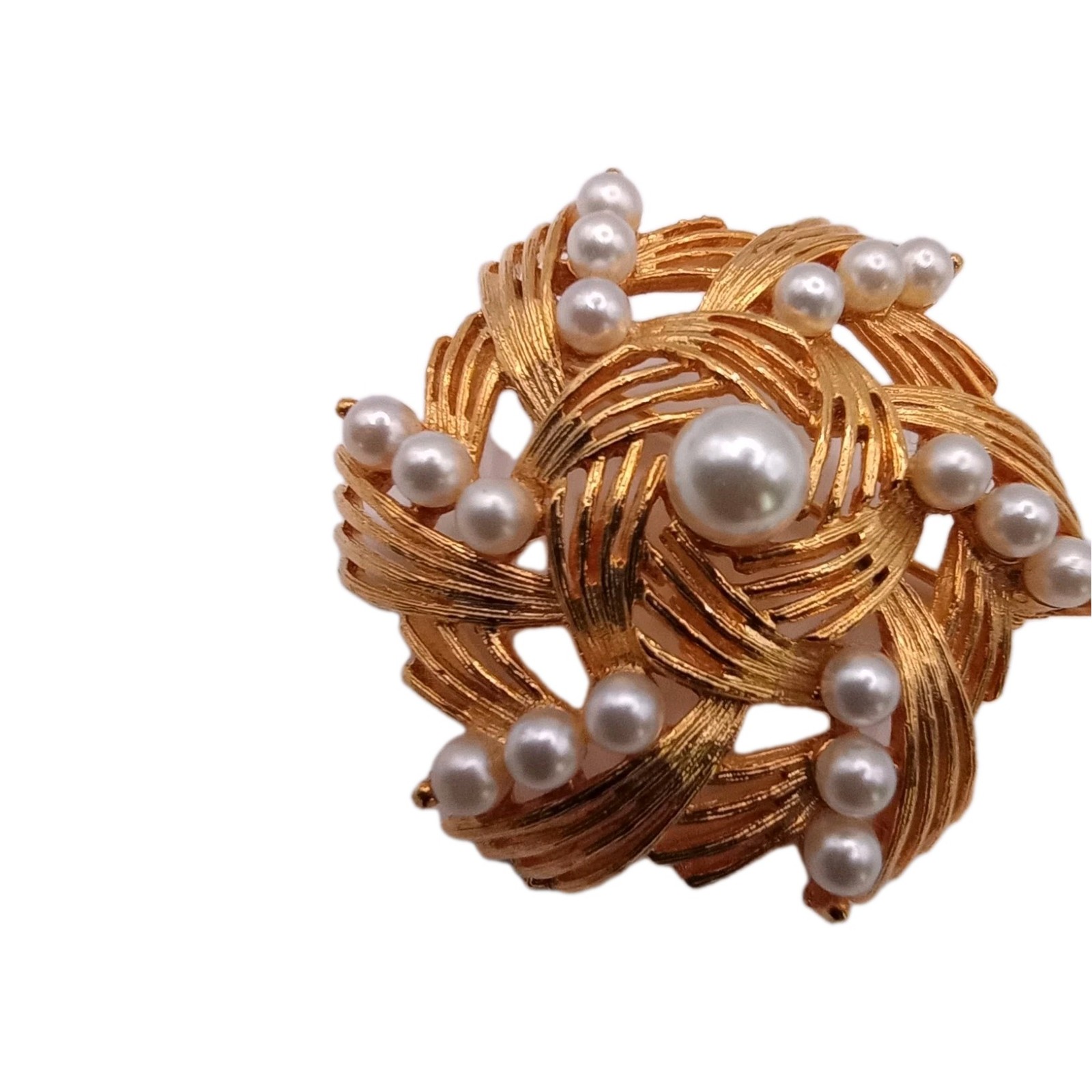 Vintage Gold Tone Textured Ribbon Brooch Swirl Faux Pearl MCM Pin 1 1/2 D
