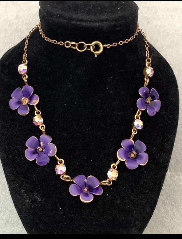 Antique Edwardian Revival Mid Century Modern Enamel Pansy Necklace Violet