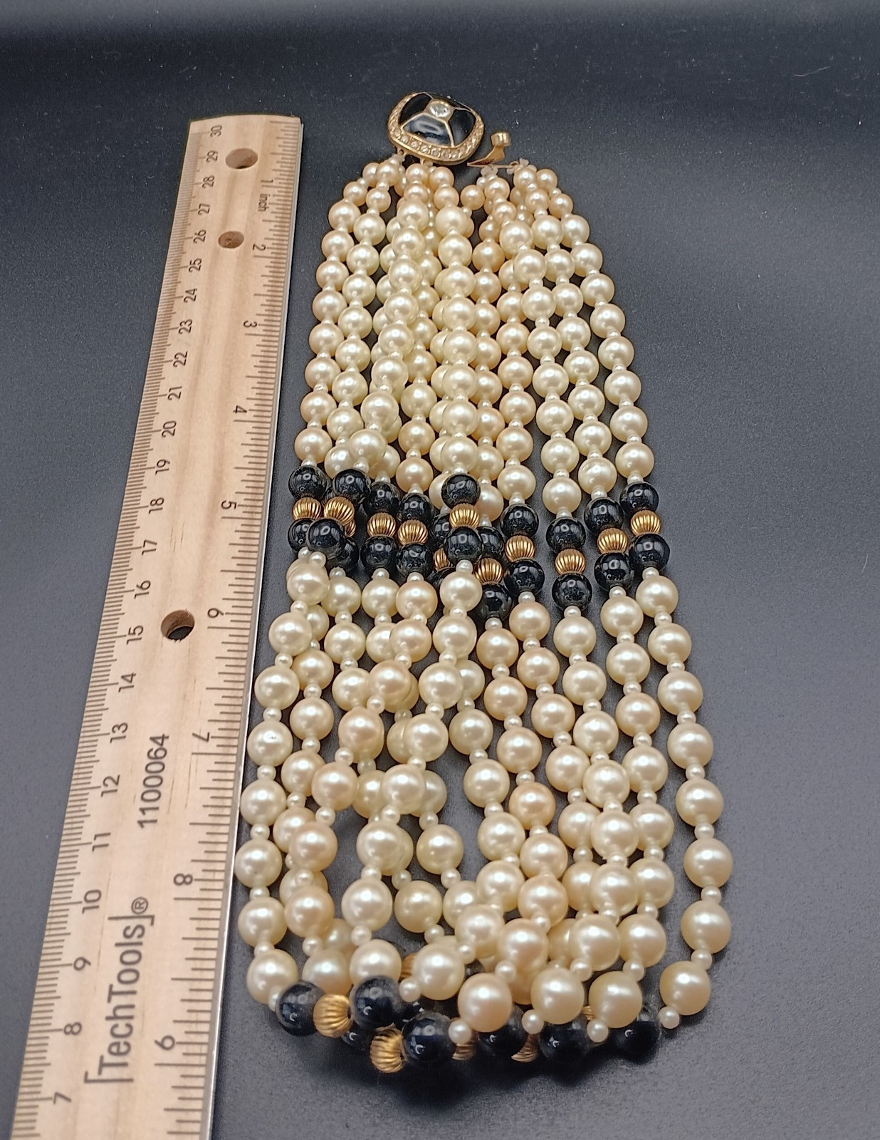 ​Vintage Gay Boyer 6-Strand Faux Pearl Necklace Black Gold Beads Ornate Clasp