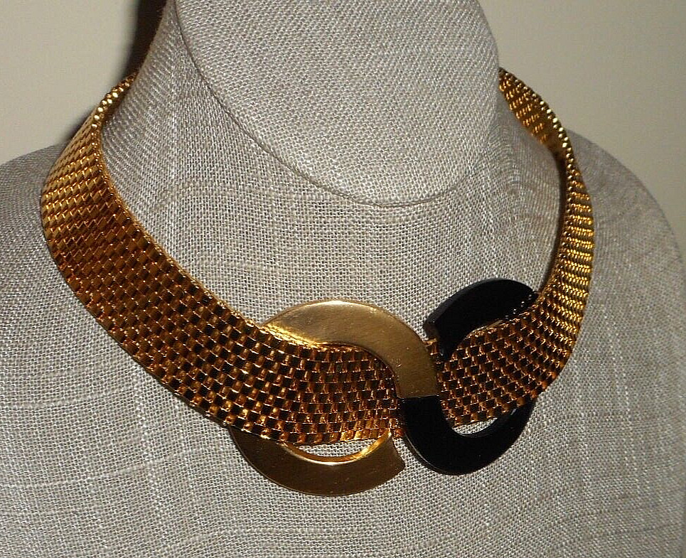Vintage Orena Paris French Wide Woven Gold-tone Link Collar Necklace w Mod Motif