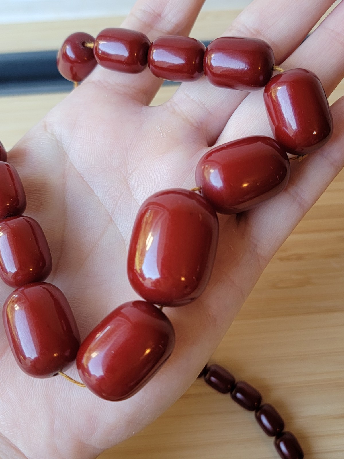 Cherry Amber Bakelite Barrel Prayer Bead Necklace – 76 Grams