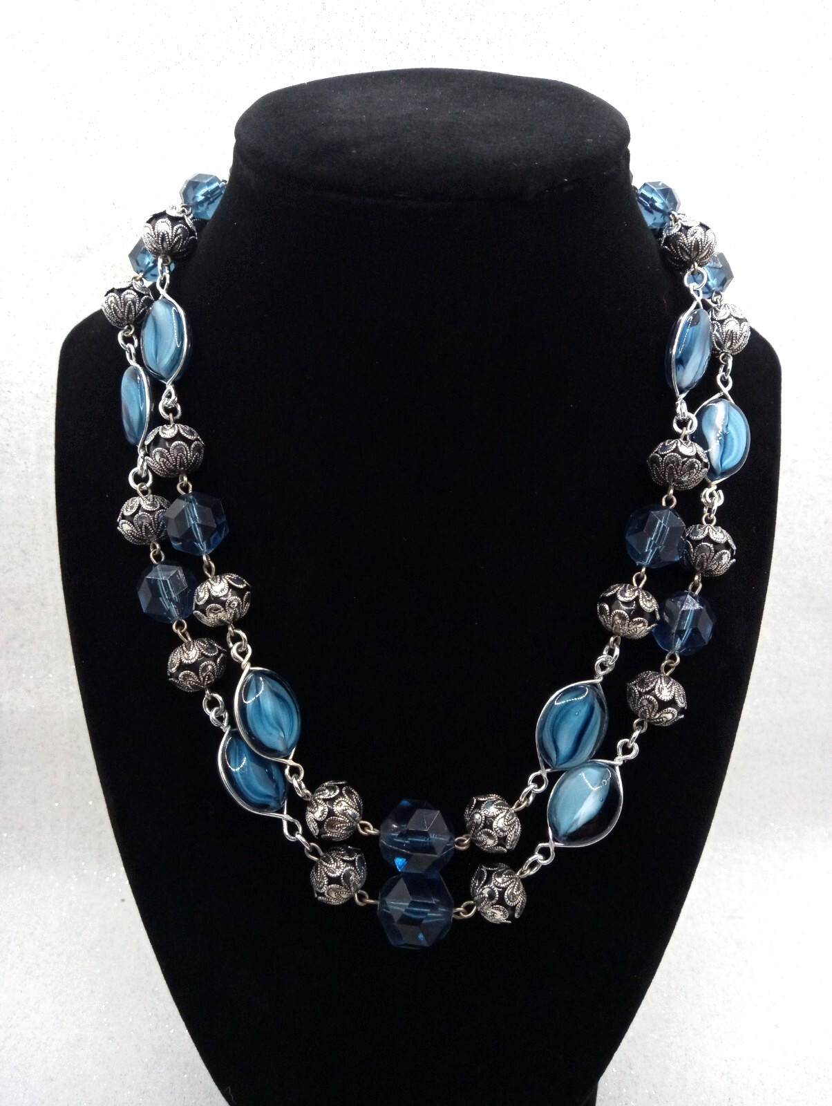 VTG West Germany Blue Necklace Double Strand Swirl Glass Silver Tone 17 -18″