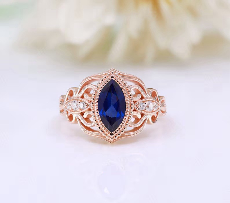 Art Deco 1.2 Ct Blue Sapphire Marquise Cut Lab Diamond Bridal Engagement Ring