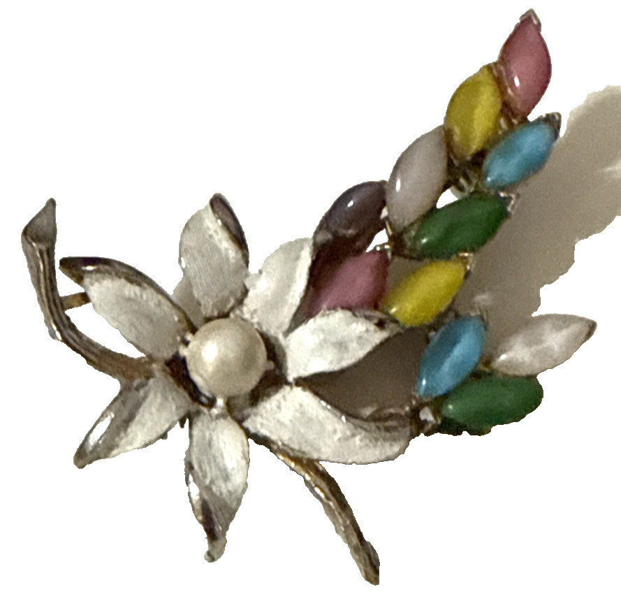 Vintage Floral Brooch Purple Pink Blue Yellow Cabochon White Enamel Pin 2.5″