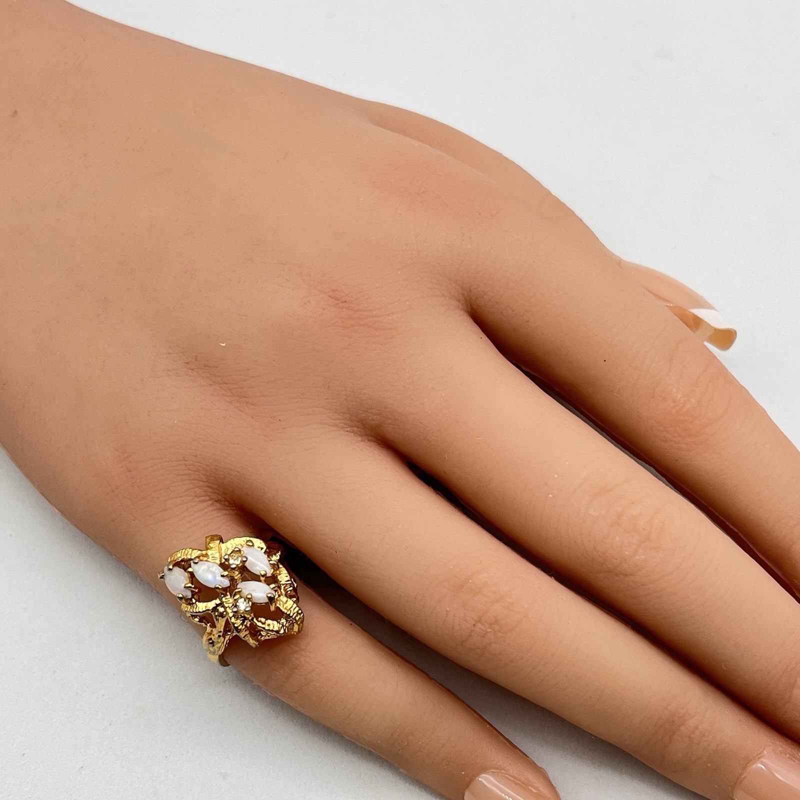 Vintage Brutalist Nugget Cocktail Ring 18k Gold Electroplated Opals AS IS Sz 5.5