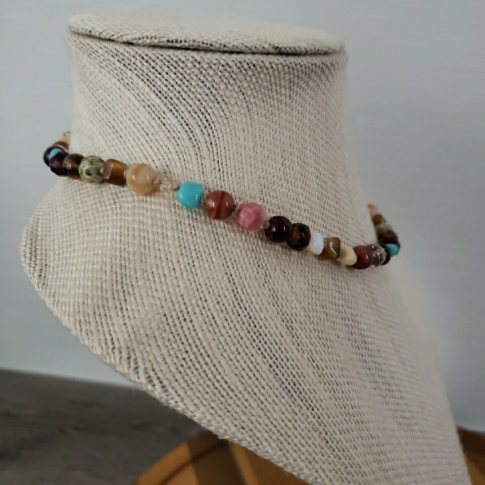 VTG Multi Polished Gemstone Necklace 16.5″ Knotted Faceted Glass Agate
