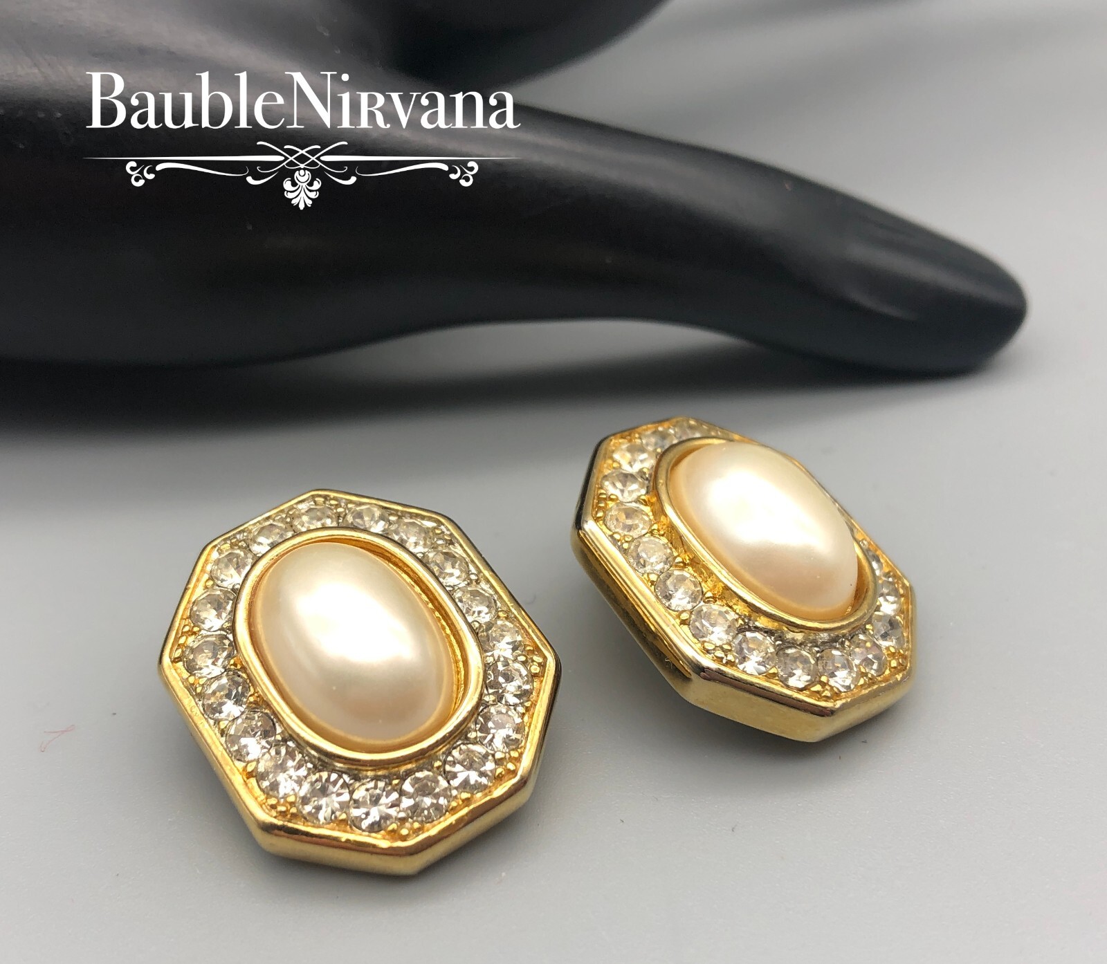 Vintage 1980s TAT Crystal Shimmering Faux Pearl & Yellow Gold Plated Earrings
