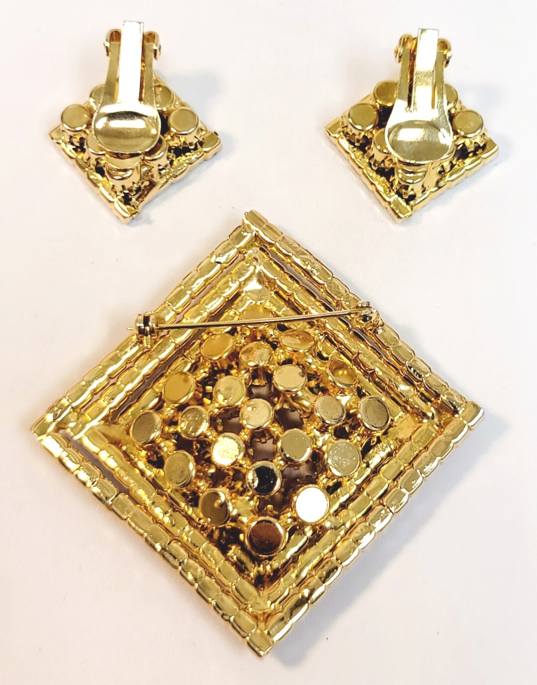 Vintage Weiss Pink Red AB Rhinestone Square Layered Brooch & Earrings