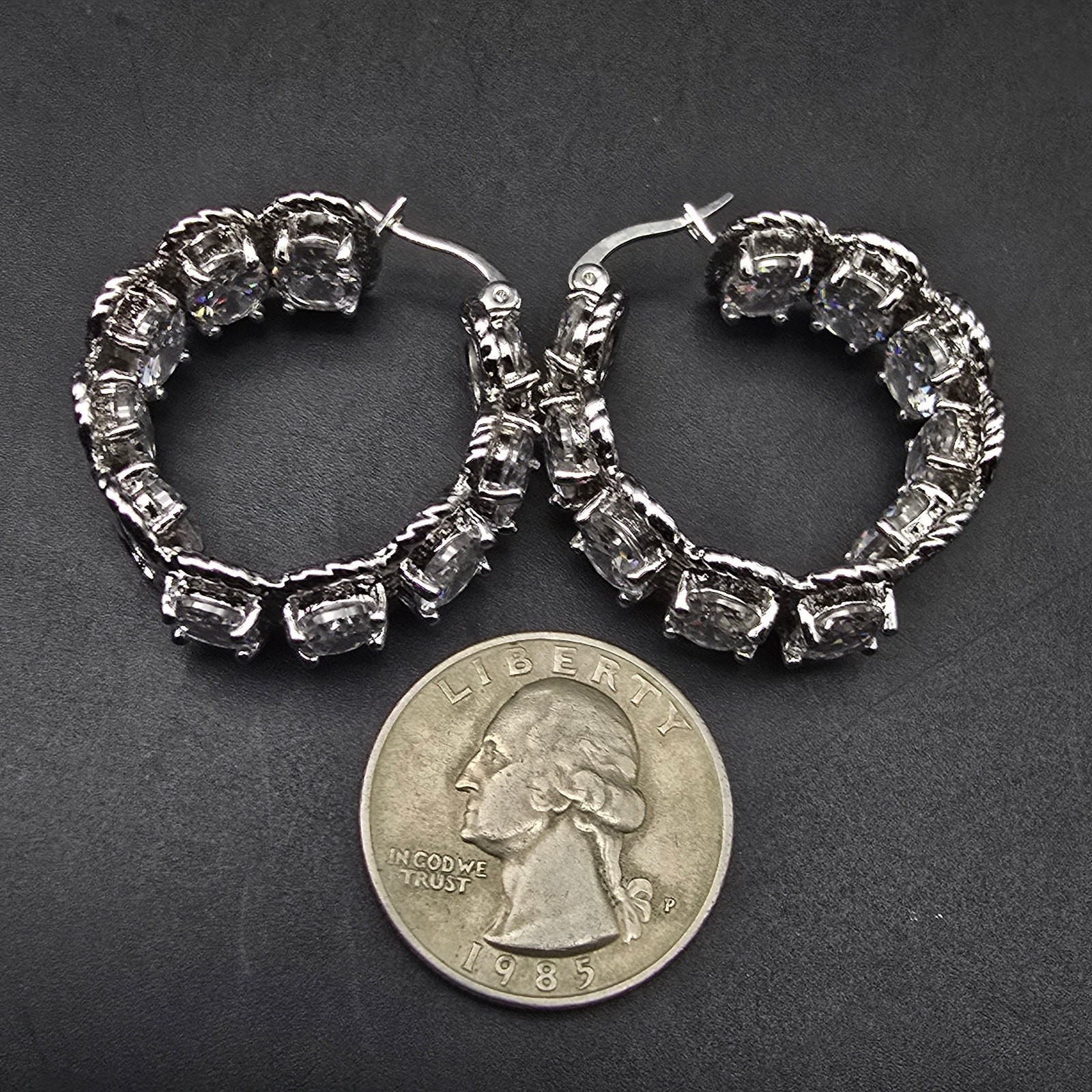 Clear Glass Rhinestone Hoop Earrings Silver Tone Thailand