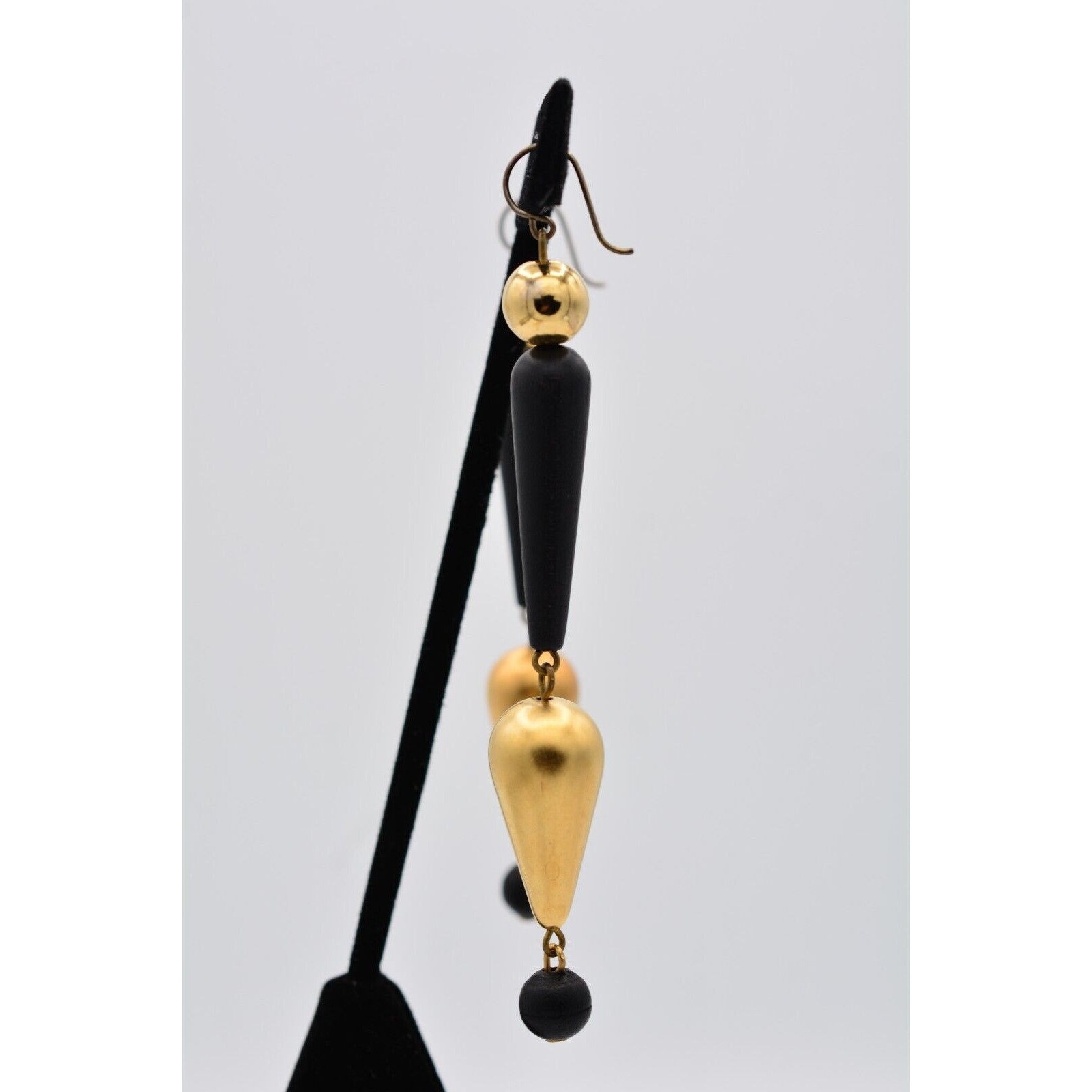 Vintage Dangle Earrings Black Beaded Brushed Gold Matte Drop Chunky 1990s BinAV
