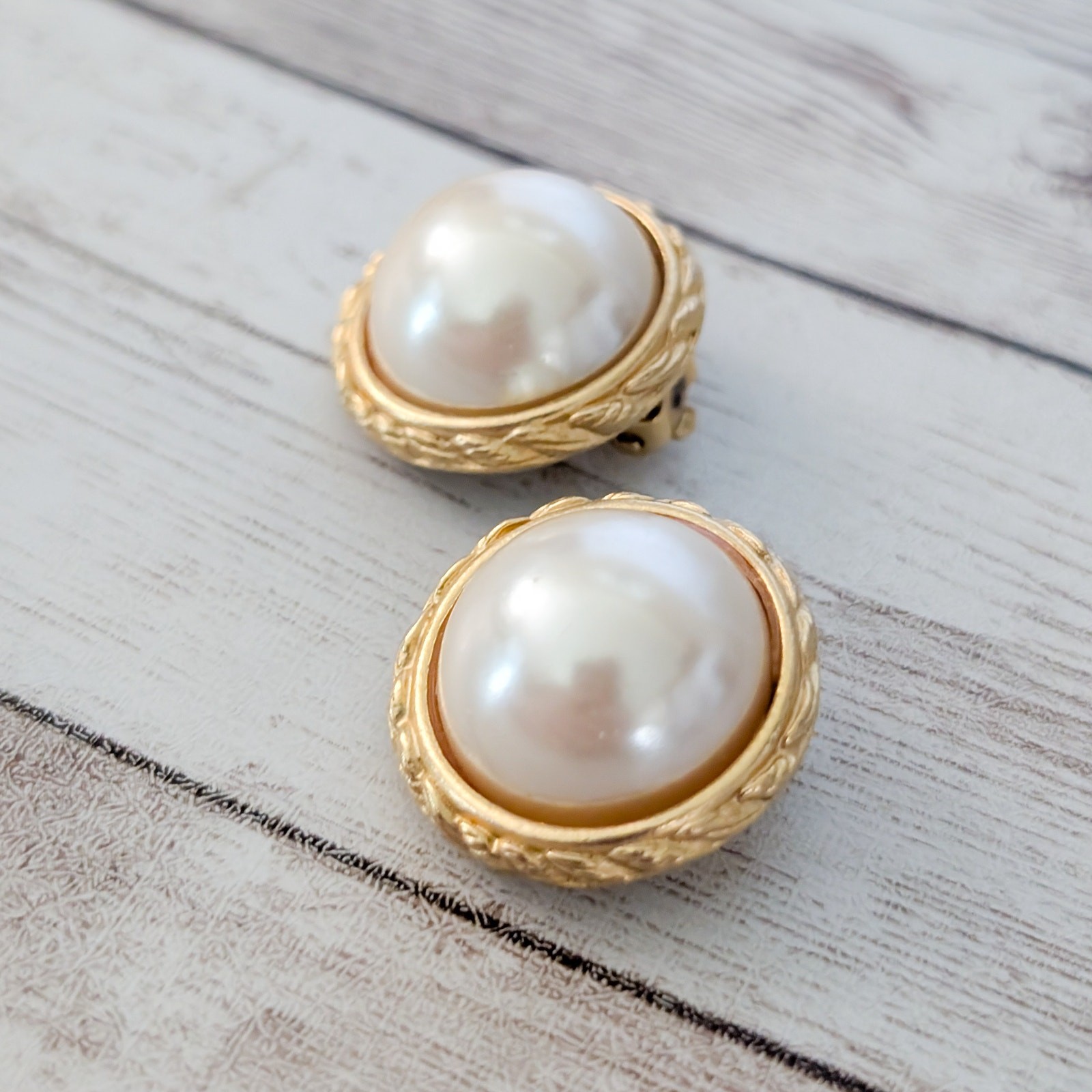 Vintage Gay Boyer Clip On Earrings Faux Pearl with Gold Tone Halo