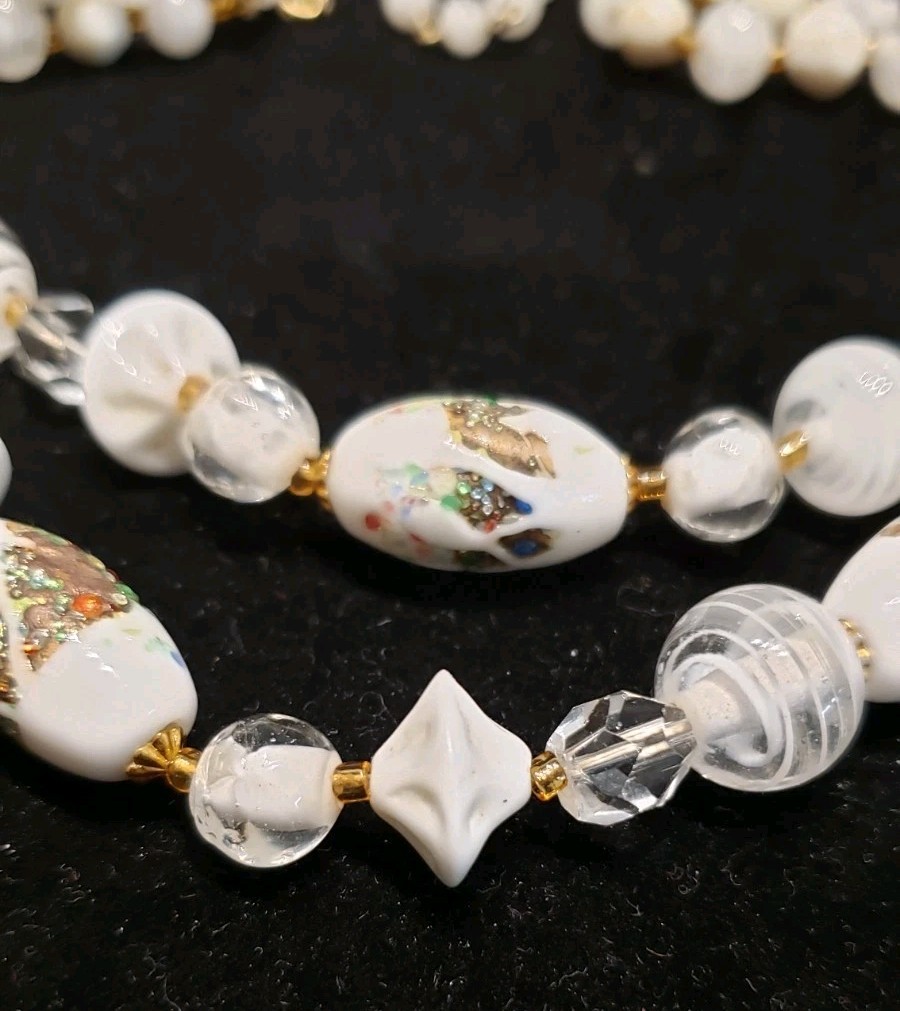 Vtg MCM Bridal Wedding Double Strand White Glass Bead Choker with Gold Accent