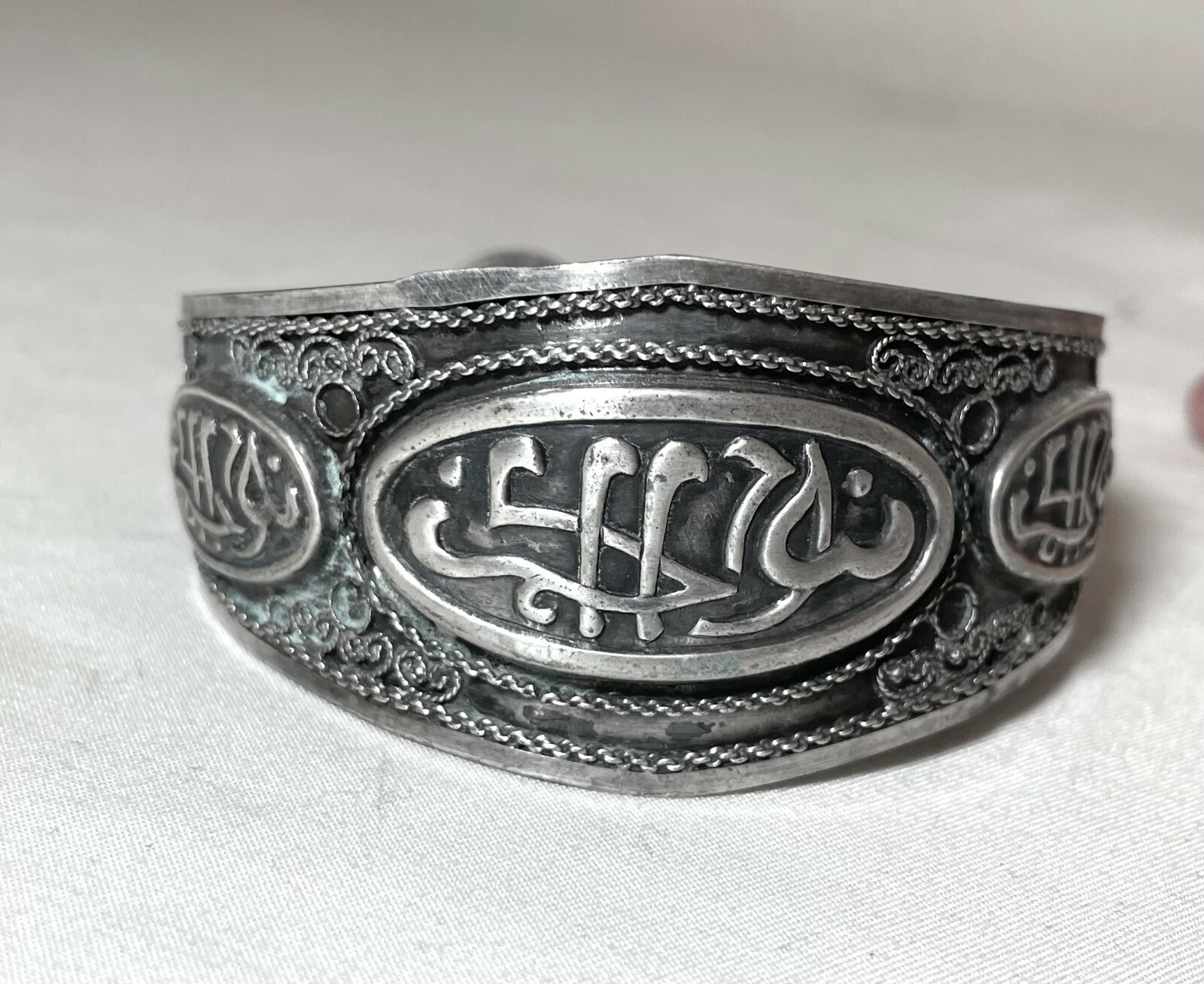 vintage ornate handmade Moroccan sterling silver filigree cuff bracelet signed