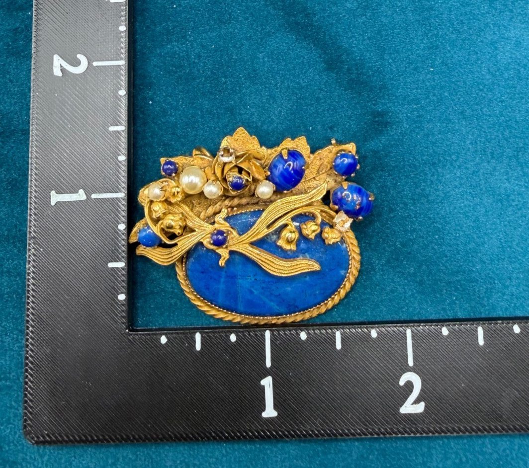 VTG Original by Robert Brooch Pendant Blue Glass Faux Pearl Ornate Gold Tone