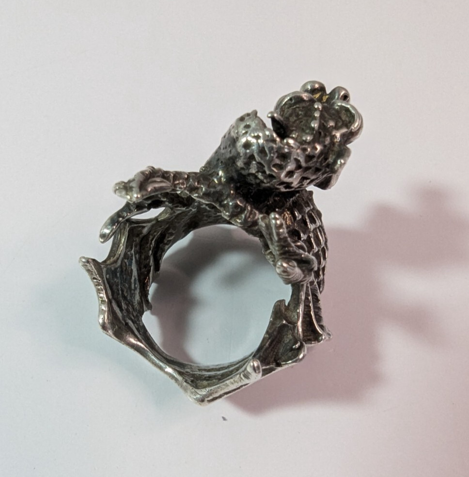 Vintage Pewter or Silver Flying Dragon Biker Ring Size 7