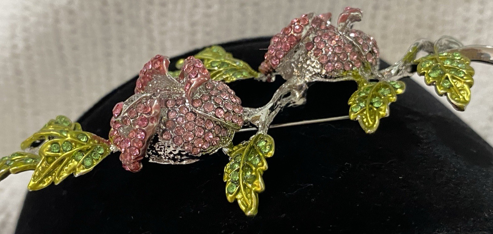 Stunning Large Vintage Pink And Green Sparkling Stones Flower Brooch