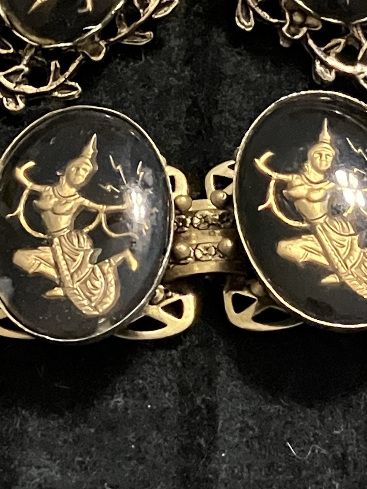 Vintage Siam/Thailand Golden Goddess Black Lucite Link Bracelet & Earrings