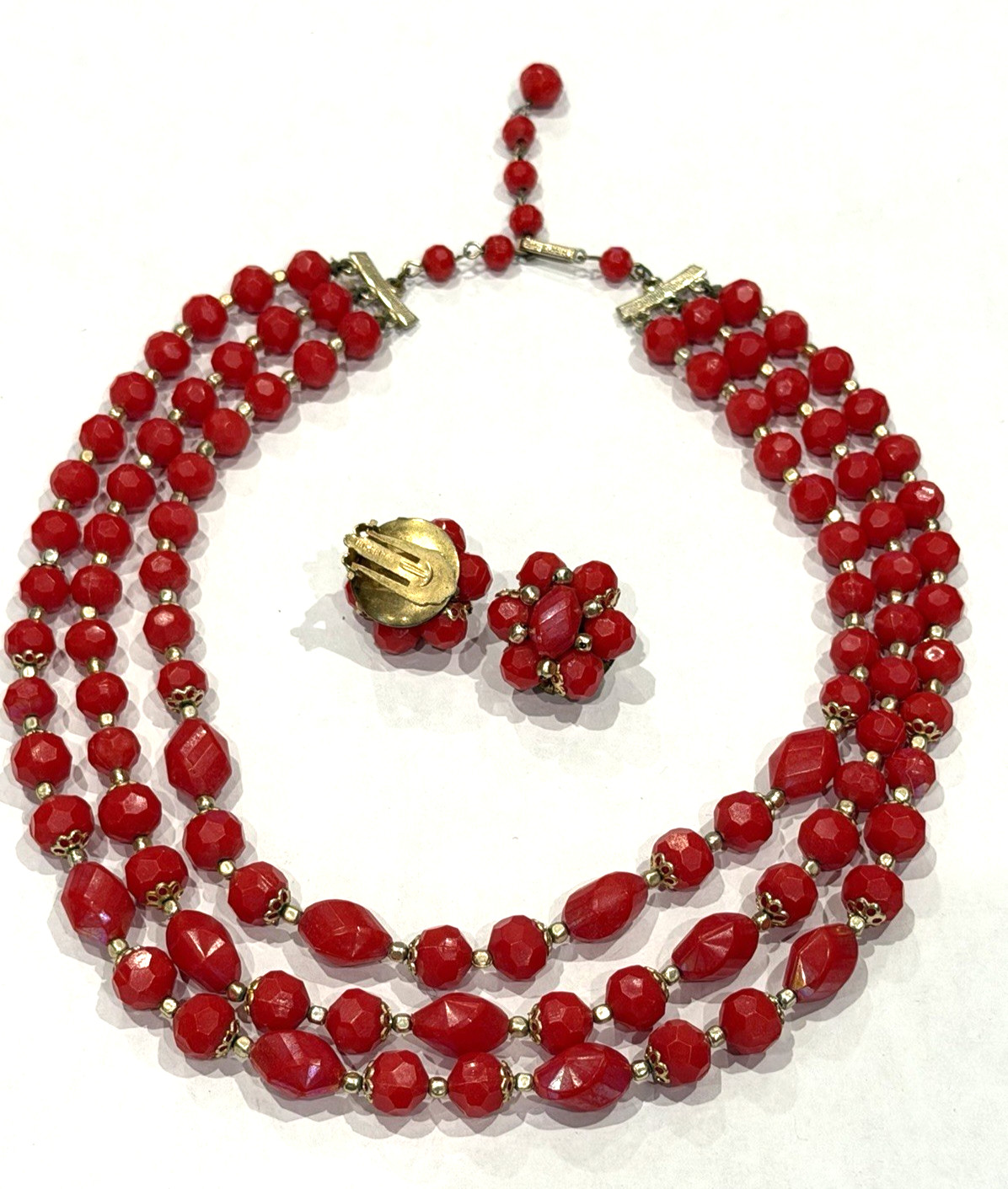 HONG KONG RED LUCITE GOLD BEADS 3 STRAND NECKLACE CLUSTER CLIP EARRINGS SET MCM