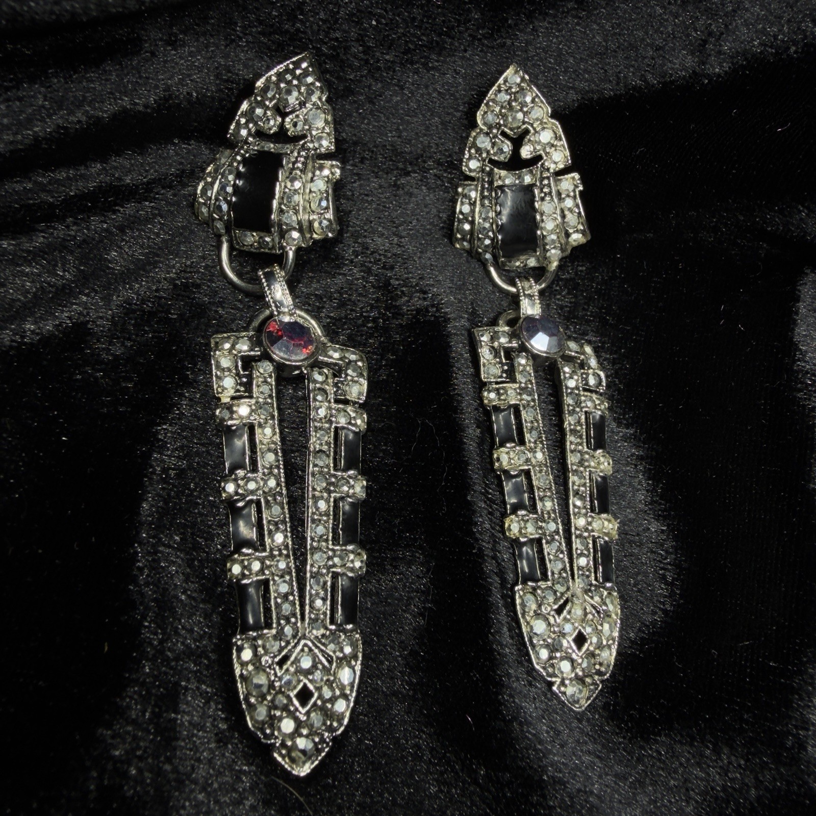 Vintage Signed▪️ KIRKS FOLLY Black Marcasite ART DECO Rhinestone DANGLE Earrings