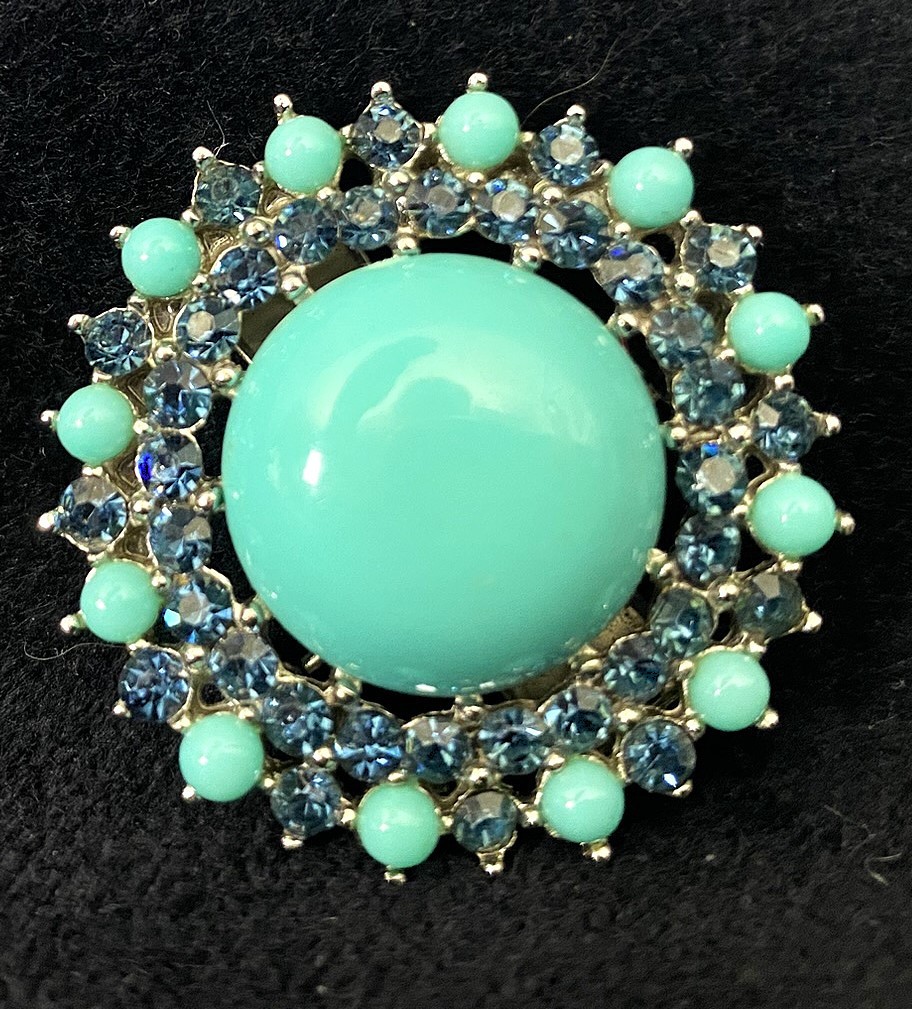 Vintage, Signed, Trifari Costume Jewelry Brooch Faux Turquoise Blue Rhinestones