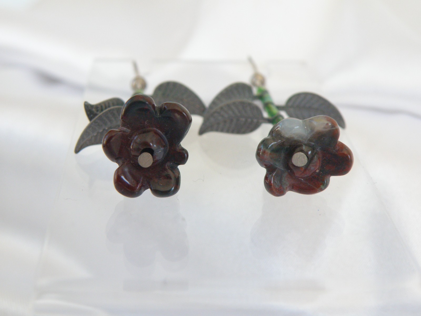 Vintage Sterling Silver 925 Artisan Tulip Flower Carved Stone Dangle Earrings