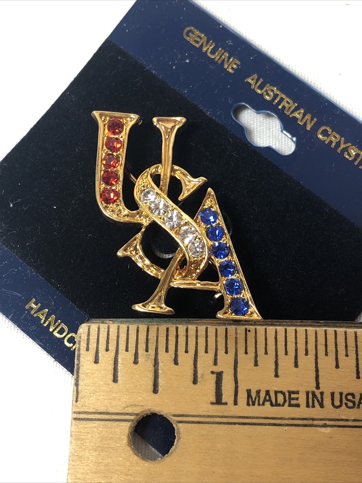 NEW Genuine Austrian Crystal USA Pin, Brooch Handcrafted Red White Blue America