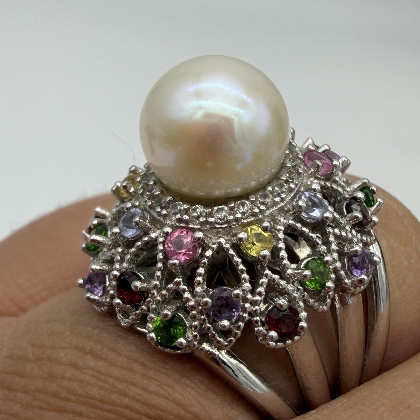 Vtg JZ Sterling Silver Pearl Gemstone Princess Ring Garnet Period Size 6 QVC