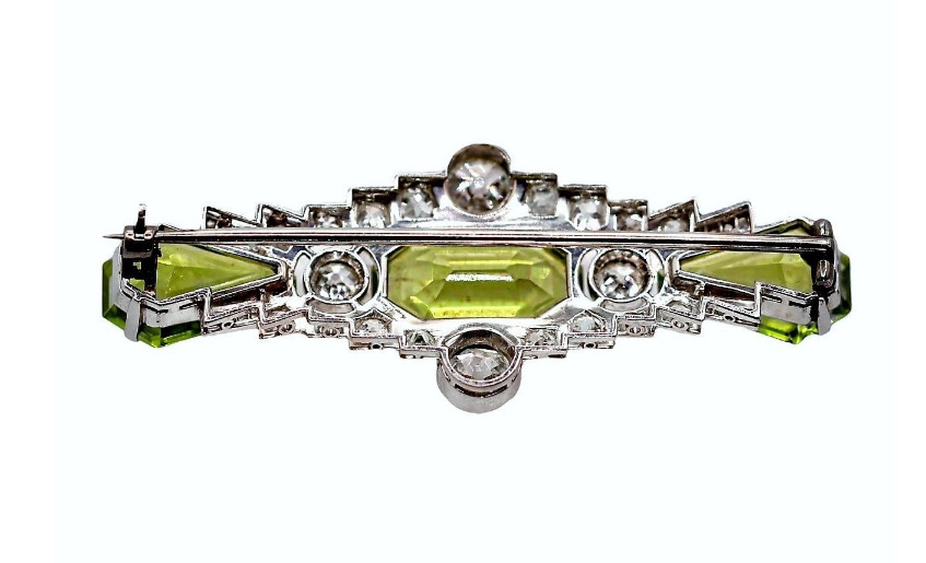 Beautiful Vivid Green Peridot & Lab-Created White Diamonds Art Deco Brooch Pin