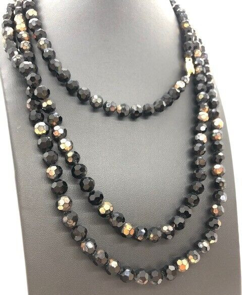 Czech Glass Fire Polished Faceted Jet Black Glass Bead Opera Length Necklace