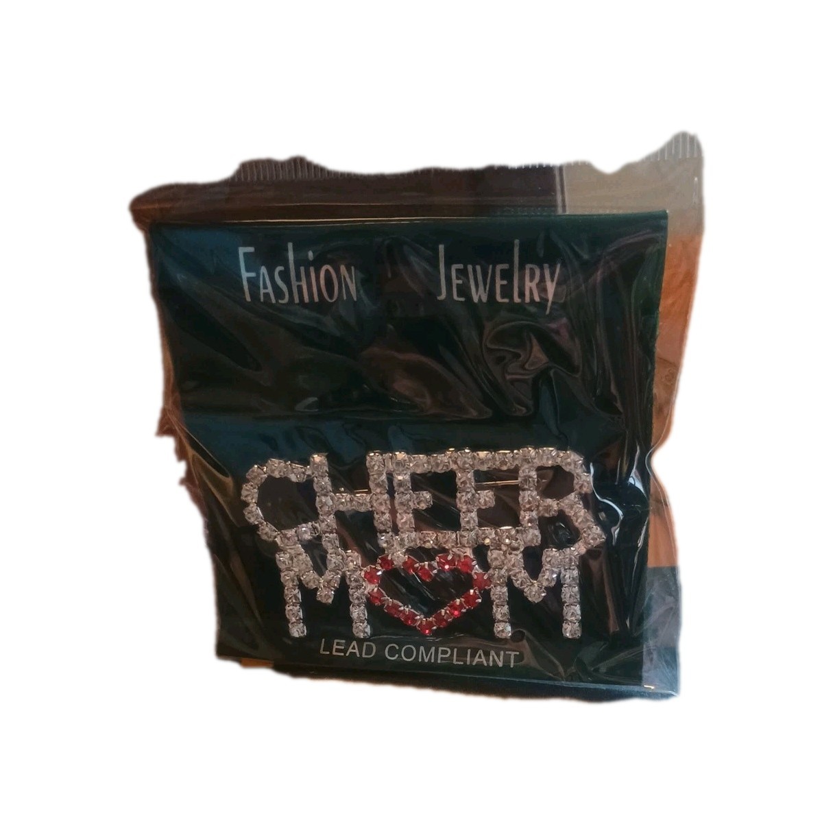Modern Cheerleading “Cheer Mom” Rhinestone Brooch Clear & Red Heart Graphics