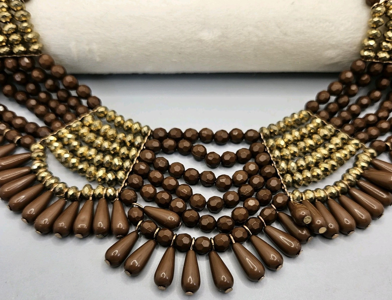 Beaded Necklace Tribal Bib Collar Statement Runway Boho Gold Tone Brown VTG 16″
