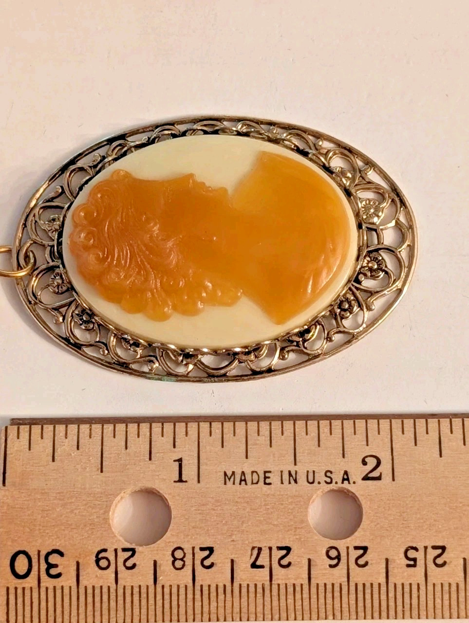 Vintage Gold Tone Cameo Pendant Orange Cream Resin Lady Profile Filigree