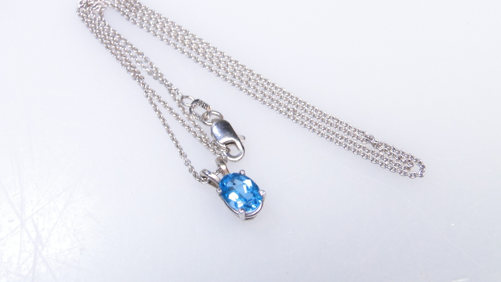 14K White Gold Blue Topaz Solitaire Pendant on Fine 14k WG Chain Necklace