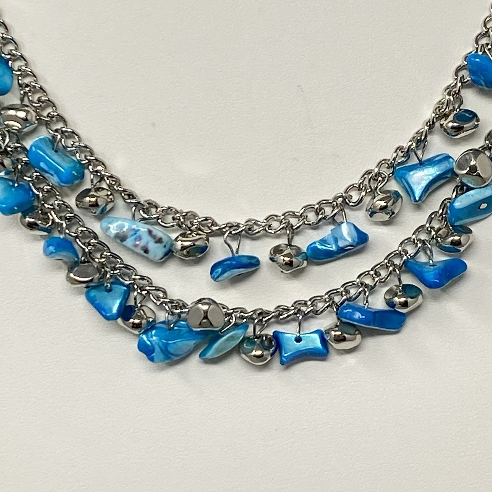 Mother of Pearl Necklace Blue Dyed Fringe Nuggets Silver Tone Layered Shell 16″