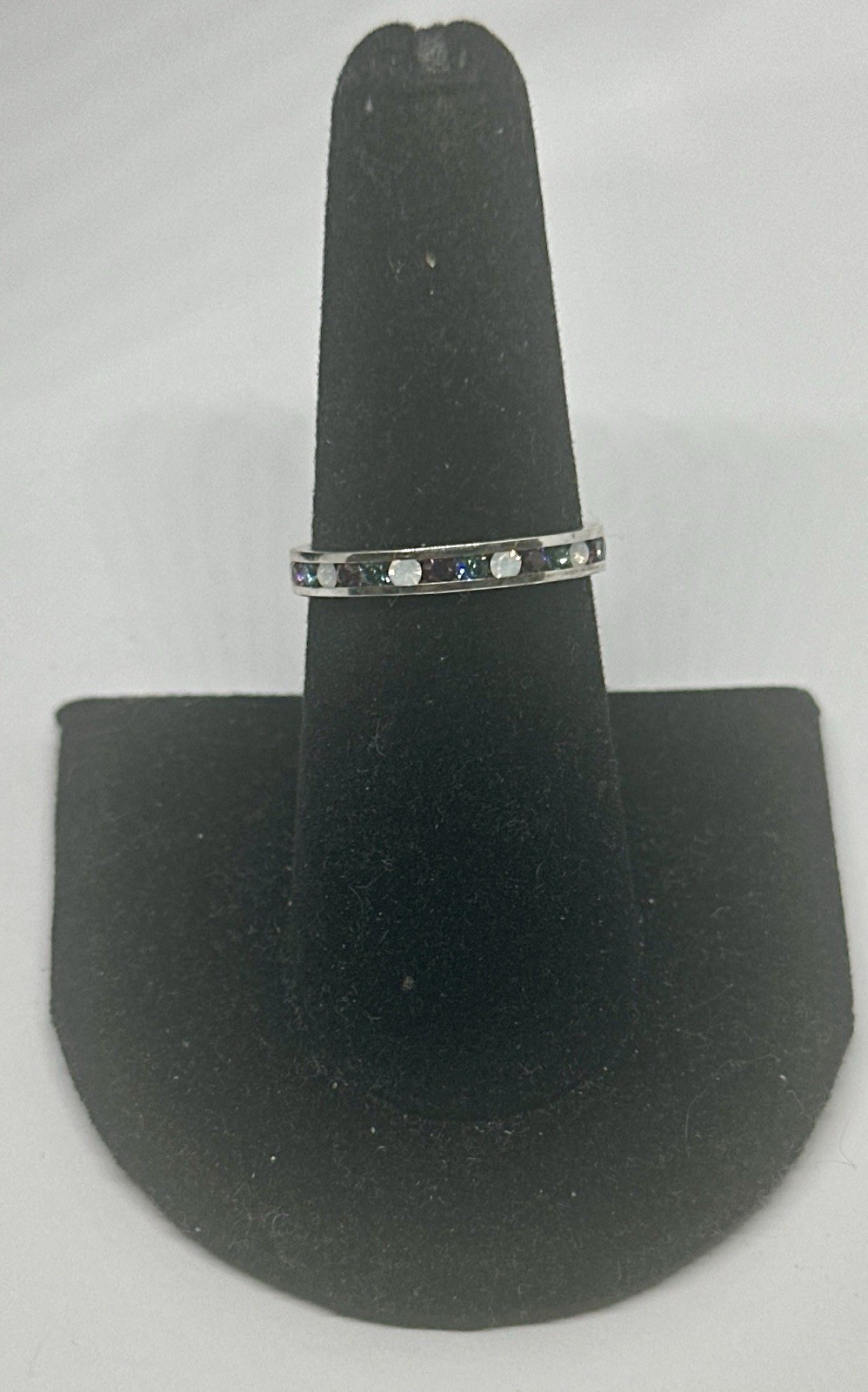 Purple Blue White Rhinestone Channel Eternity Silver Tone Band Ring Size 7