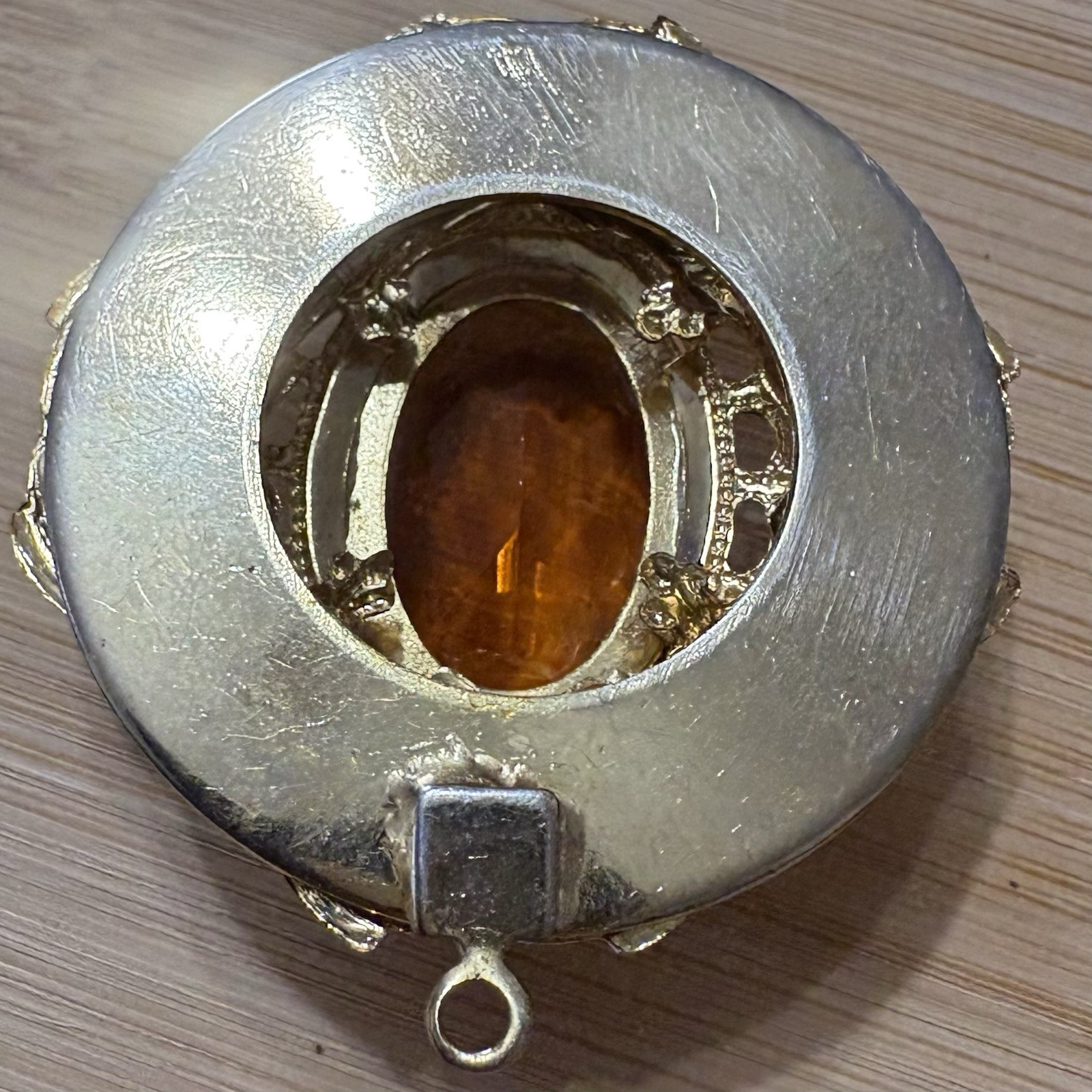 Vintage Victorian Revival Filigree Pendant Honey Amber Glass Gold Tone Ornate