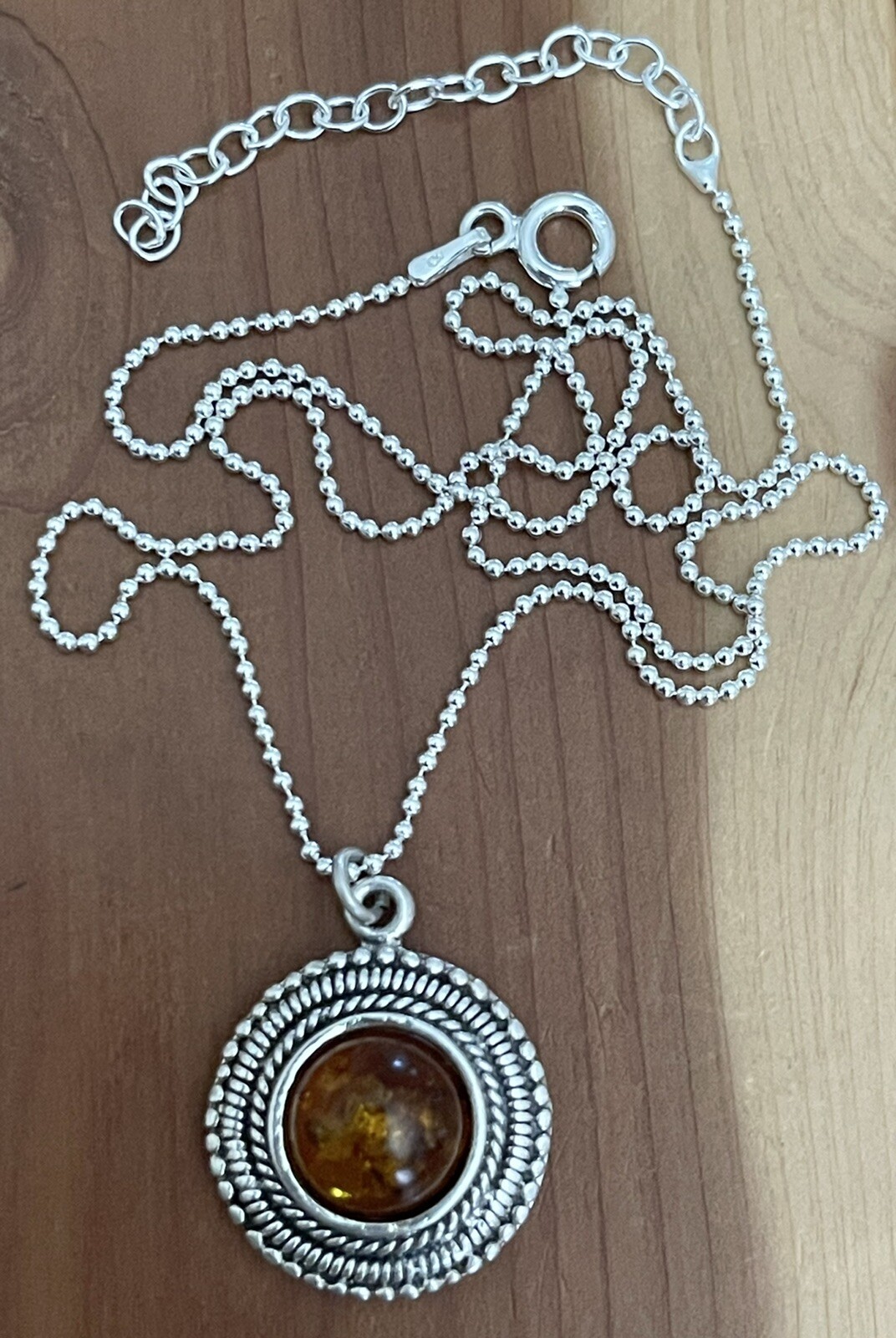 Vintage 925 Sterling Bali Beads, Honey Amber Round Pendant Necklace 16”-17.5” in