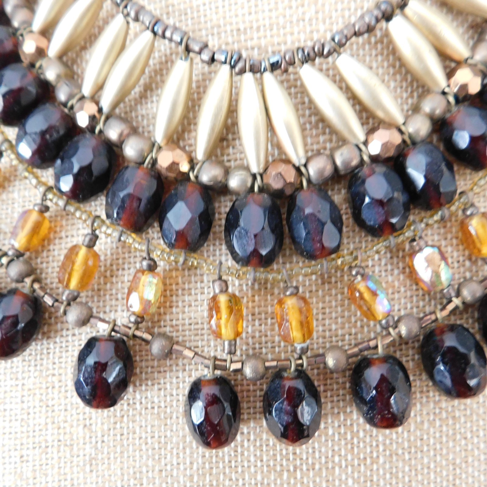 VINTAGE ROOTBEER AMBER CRYSTAL BEAD and GOLD BUGLE BEAD BIB COLLAR NECKLACE