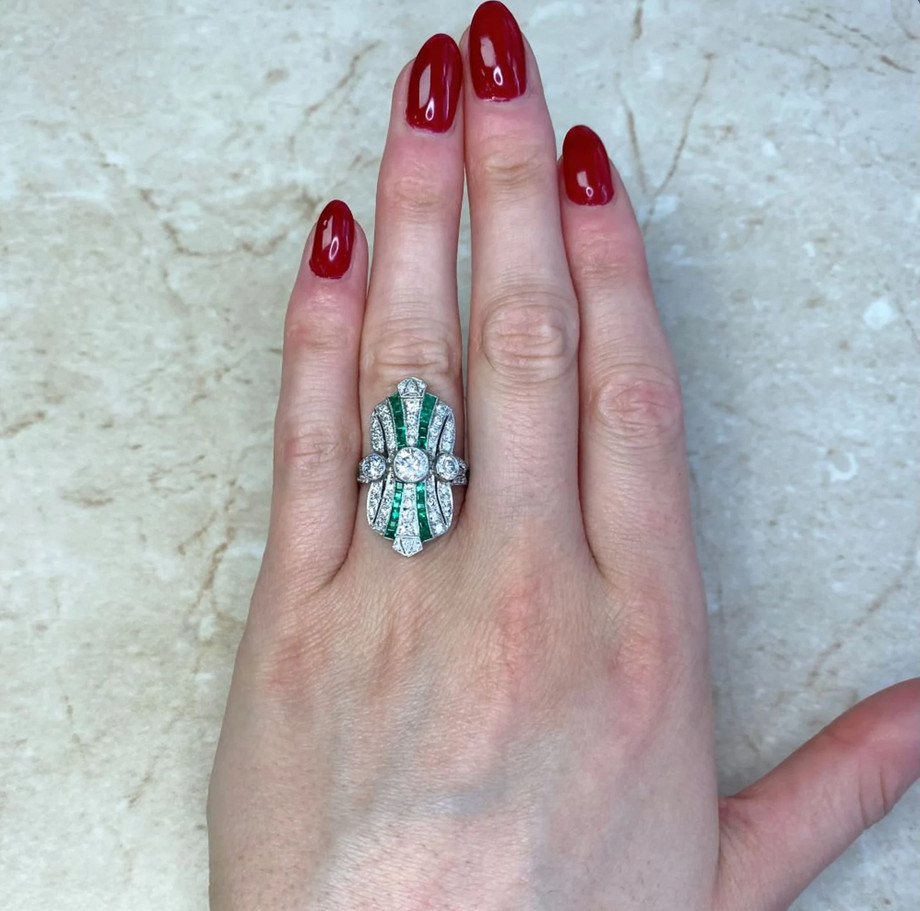 Art Deco Style Old European Cut Lab-Created Diamond And Emerald Ring 925 Silver