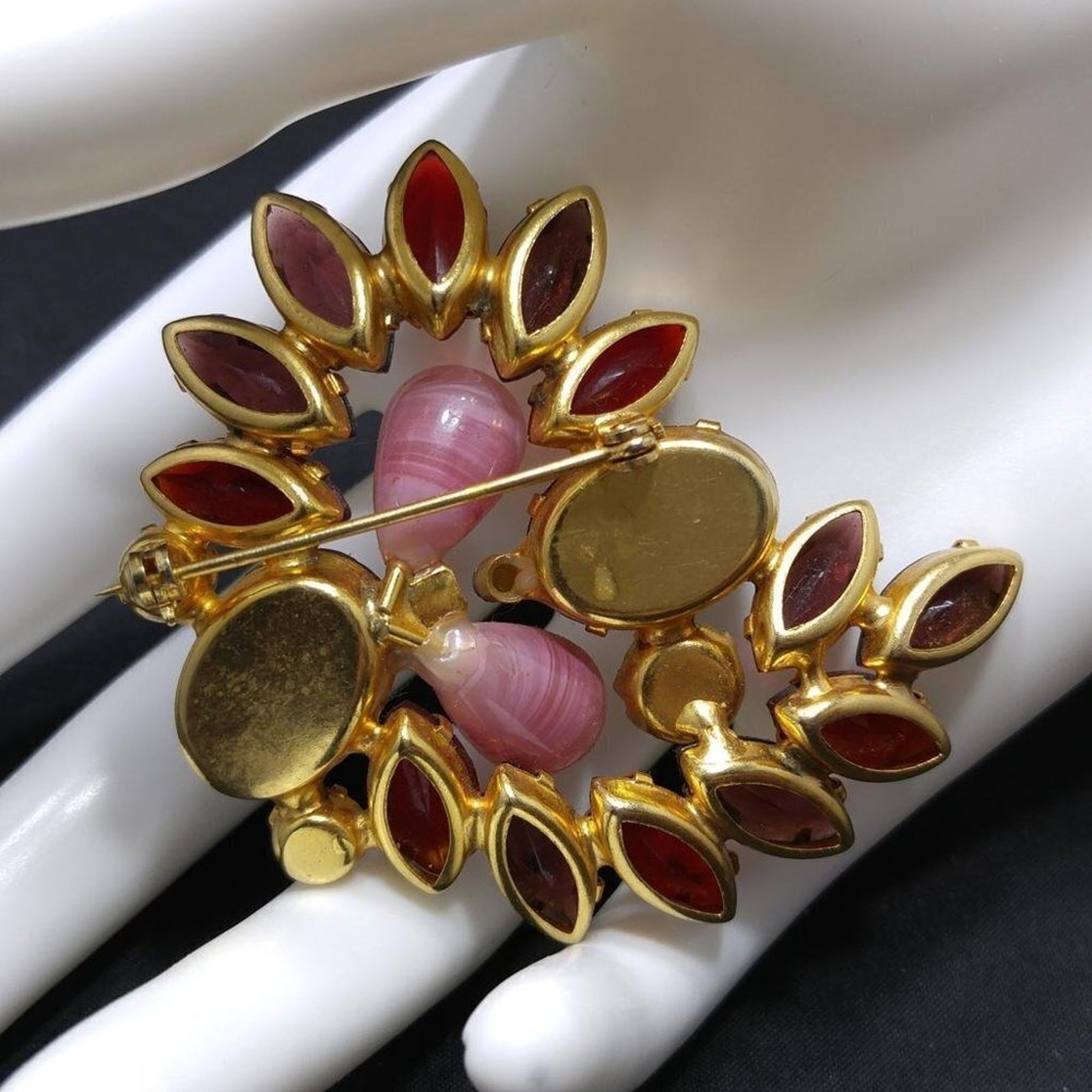 Vintage Purple Red Glass Rhinestone Brooch, Pink Lucite Beads, 2 1/4 Inches