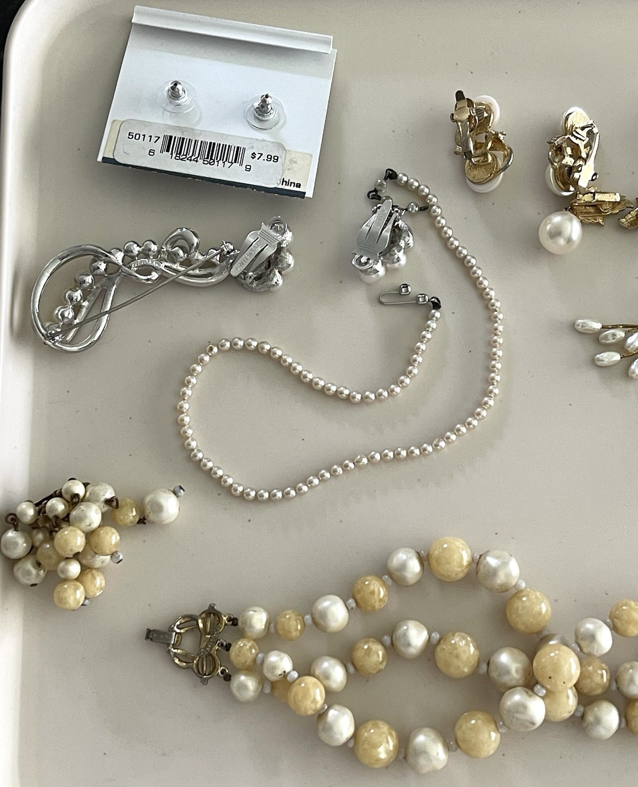 VINTAGE Marvella Jewelry LOT Faux Pearls Necklace, Earrings Rhinestone brooch
